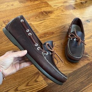 LL Bean Men’s Camp Leather Moccasins/Loafers/shoes Sz 10 Brown Handsewn Slip on